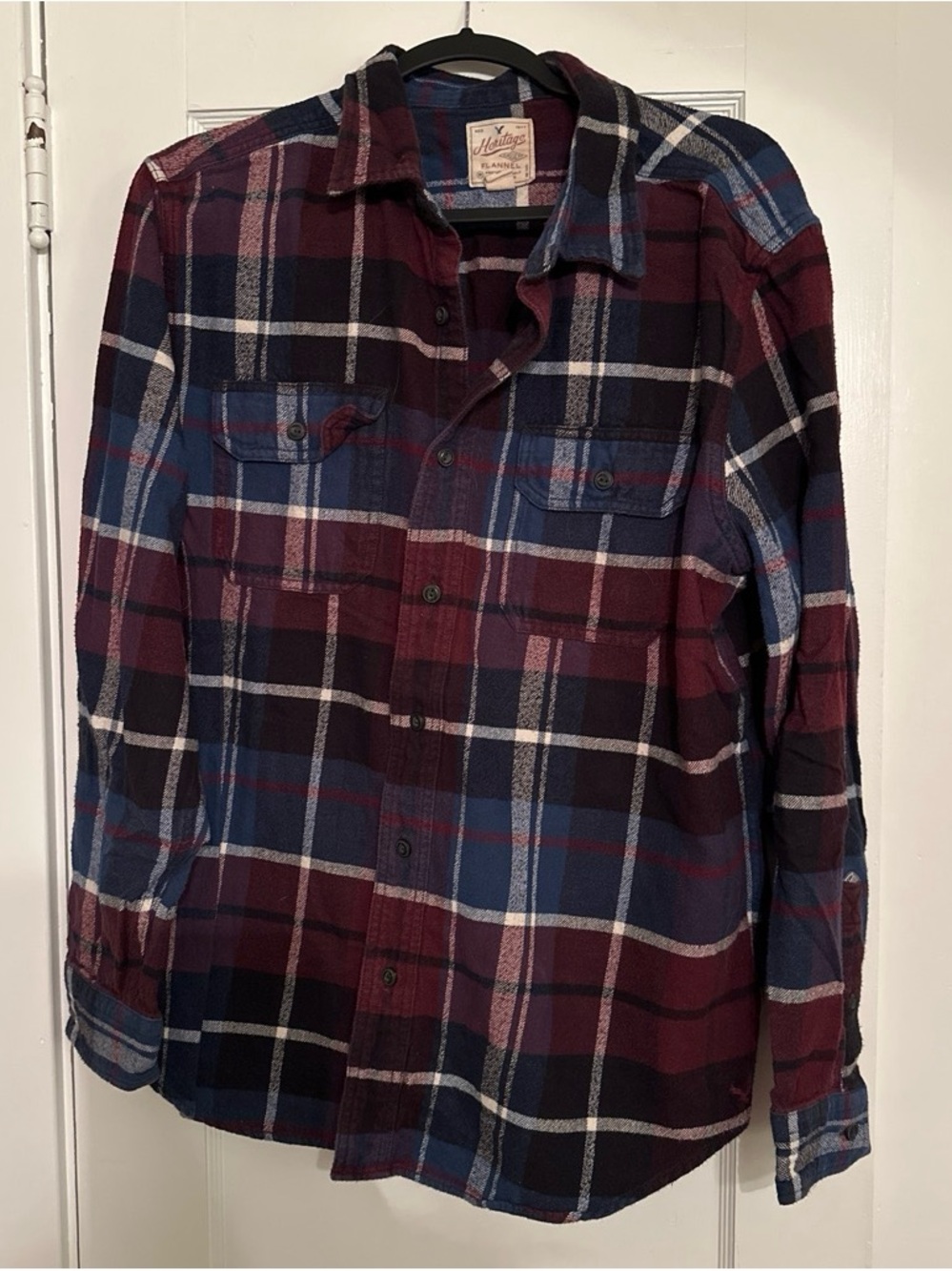 American Eagle Outfitters Burgundy & Navy Plaid Button-Up Shirt